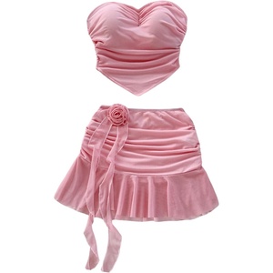 image:imageFloerns Womens 2 Piece Outfit Hanky Hem Strapless Tube Top Floral Mini Skirt Going Out SetsLight Pink