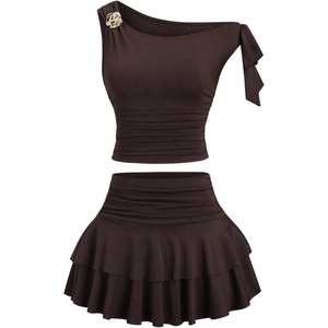 image:imageFloerns Womens 2 Piece Outfits Off The Shoulder Tie Side Ruched Waist Tops amp Pleated Layered Ruffle Mini Skirt SetsCoffee Brown