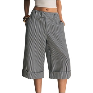 image:imageFloerns Womens Baggy Capri Pants Dressy Casual Low Rise Wide Leg Cropped Pants Office OutfitsBlack and White Striped