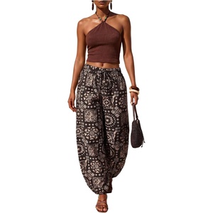image:imageFloerns Womens Boho Elastic High Waisted Lantern Pants Vacation Baggy Harem TrousersBrown