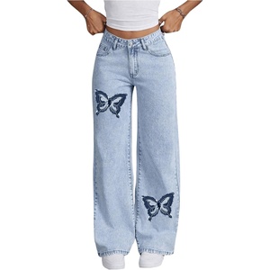 image:imageFloerns Womens Bowknot Embroidery Jeans Y2k Straight Leg Boyfriend Denim PantsButterfly Blue