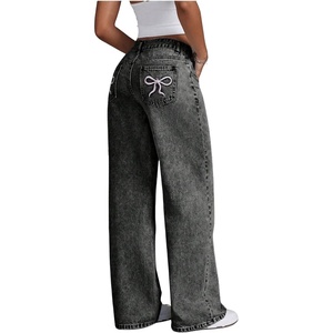image:imageFloerns Womens Bowknot Embroidery Jeans Y2k Straight Leg Boyfriend Denim PantsDark Grey