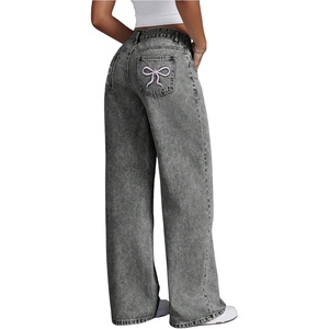 image:imageFloerns Womens Bowknot Embroidery Jeans Y2k Straight Leg Boyfriend Denim PantsLight Grey