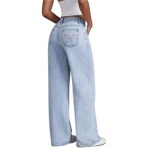 image:imageFloerns Womens Bowknot Embroidery Jeans Y2k Straight Leg Boyfriend Denim PantsLight Wash