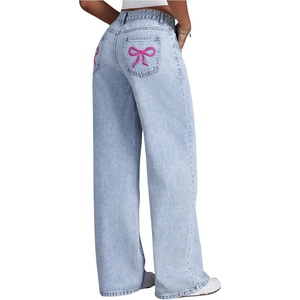 image:imageFloerns Womens Bowknot Embroidery Jeans Y2k Straight Leg Boyfriend Denim PantsLight Wash B