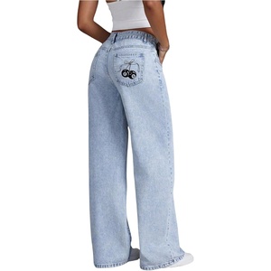image:imageFloerns Womens Bowknot Embroidery Jeans Y2k Straight Leg Boyfriend Denim PantsLight Wash Cherry