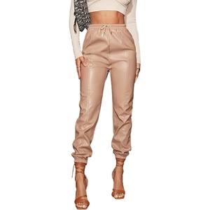 image:imageFloerns Womens Drawstring High Waisted Cropped Tapered Pu Leather PantsApricot