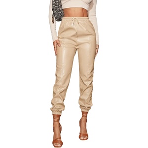 image:imageFloerns Womens Drawstring High Waisted Cropped Tapered Pu Leather PantsBeige