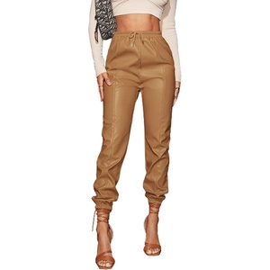 image:imageFloerns Womens Drawstring High Waisted Cropped Tapered Pu Leather PantsKhaki