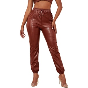 image:imageFloerns Womens Drawstring High Waisted Cropped Tapered Pu Leather PantsRust Brown