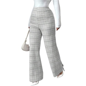 image:imageFloerns Womens Elastic High Waist Plaid Straight Leg Pants Fall Clothes Knitted TrousersBlack and White
