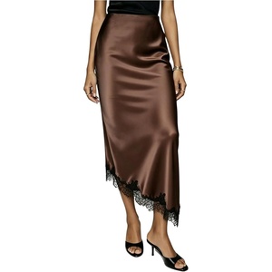 image:imageFloerns Womens Elegant Satin Midi Skirt Summer High Waisted Lace Asymmetric Hem Going Out SkirtBrown Lace