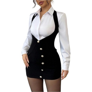 image:imageFloerns Womens Elegant Suspender Skirts High Waist Button Bodycon Overall DressBlack