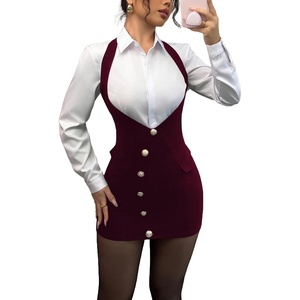 image:imageFloerns Womens Elegant Suspender Skirts High Waist Button Bodycon Overall DressBurgundy