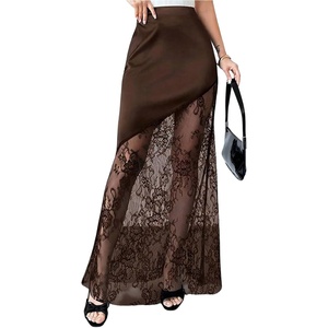 image:imageFloerns Womens Floral Lace Maxi Skirt Elegant High Waisted Sheer Mesh Going Out SkirtsBrown Lace