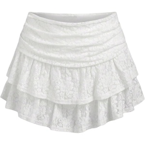 image:imageFloerns Womens Floral Lace Ruffle Skirt Ruched Layered Fairy Y2k Mini Skirt with ShortsWhite