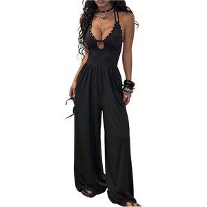 image:imageFloerns Womens Gothic Rivet Halter Neck Jumpsuit Wide Leg Baggy Pants Date Night RompersBlack
