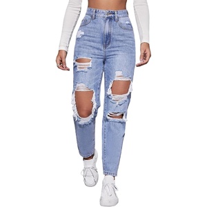 image:imageFloerns Womens High Waist Boyfriend Straight Leg Ripped Jeans Distressed Denim Pants GreyLight Blue