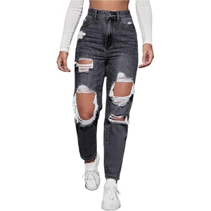 image:imageFloerns Womens High Waisted Distressed Jeans Straight Leg Casual Ripped Denim PantsDark Grey