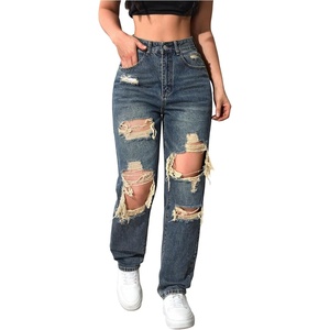 image:imageFloerns Womens High Waisted Distressed Jeans Straight Leg Casual Ripped Denim PantsDark Wash Solid