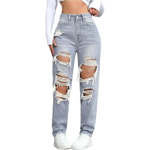 image:imageFloerns Womens High Waisted Distressed Jeans Straight Leg Casual Ripped Denim PantsGrey