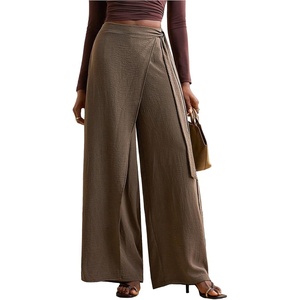 image:imageFloerns Womens Linen Wrap Pants High Waisted Wide Leg Flowy Palazzo PantsKhaki