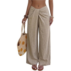 image:imageFloerns Womens Low Rise Linen Pants Wide Leg Twist Palazzo TrousersKhaki