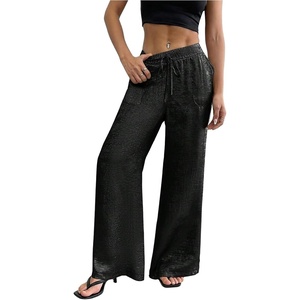 image:imageFloerns Womens Low Rise Wide Leg Pants Elastic Waist Drawstring Trousers with PocketsBlack