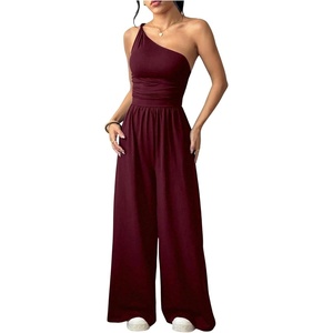 image:imageFloerns Womens One Shoulder Jumpsuit Sleeveless Tank Tops Wide Leg Pants Rompers JumperBurgundy