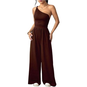 image:imageFloerns Womens One Shoulder Jumpsuit Sleeveless Tank Tops Wide Leg Pants Rompers JumperCoffee Brown