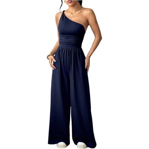 image:imageFloerns Womens One Shoulder Jumpsuit Sleeveless Tank Tops Wide Leg Pants Rompers JumperDark Blue