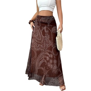 image:imageFloerns Womens Paisley Maxi Skirt Ruched Waist Vintage Vacation A Line SkirtBrown