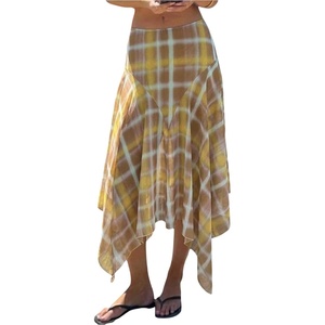 image:imageFloerns Womens Plaid ALine Midi Skirt Asymmetrical Ruffle Hem SkirtsBeige