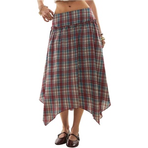 image:imageFloerns Womens Plaid ALine Midi Skirt Asymmetrical Ruffle Hem SkirtsMulticolor