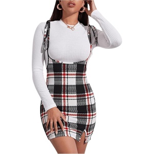 image:imageFloerns Womens Plaid Suspender Skirt Tie Shoulder Split Hem Overall Bodycon Mini DressA Black and Red