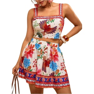 image:imageFloerns Womens Plus Size 2 Piece Summer Vacation Boho Outfit Tropical Camisole Top with Mini Skirt SetBeige Red Multi