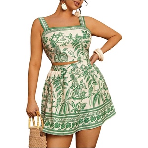 image:imageFloerns Womens Plus Size 2 Piece Summer Vacation Boho Outfit Tropical Camisole Top with Mini Skirt SetGreen Multi