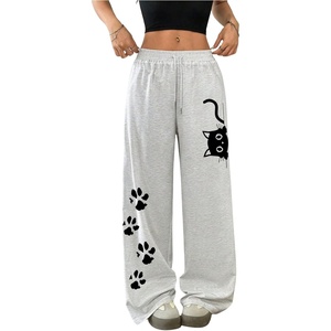 image:imageFloerns Womens Plus Size Cat Wide Leg Sweatpants Lounge Lightweight PantsLight Grey