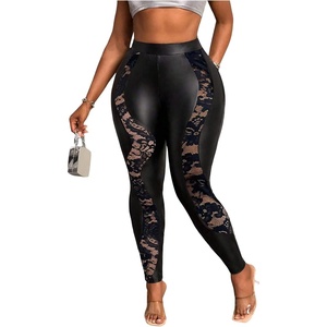 image:imageFloerns Womens Plus Size Floral Lace Leggings Pants Leather Stretchy Long PantsBlack