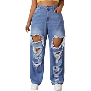 image:imageFloerns Womens Plus Size High Waist Distressed Jeans Straight Leg Casual Loose Denim PantsMedium Wash