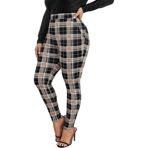 image:imageFloerns Womens Plus Size Plaid Pants Stretchy Elastic Waist Skinny LeggingBrown Black Multi