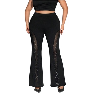 image:imageFloerns Womens Plus Size Rhinestone Bell Bottom Pants Glitter Contrast Mesh TrousersB Black