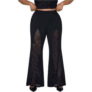 image:imageFloerns Womens Plus Size Rhinestone Bell Bottom Pants Glitter Contrast Mesh TrousersBlack
