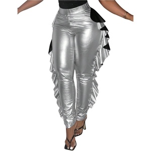 image:imageFloerns Womens Plus Size Ruffle Trim Skinny Pants Leather High Waist TrousersSilver