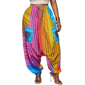 image:imageFloerns Womens Plus Size Striped Graphic Harem Pants High Waisted Wide Leg Casual Loose Beach PantsPink Multi
