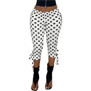 image:imageFloerns Womens Polka Dots Capri Pants High Waisted Knot Yoga LeggingsBlack and White