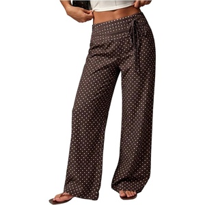 image:imageFloerns Womens Polka Dots Wide Leg Pants Low Rise Tie Side Baggy Palazzo Trousers PantBrown