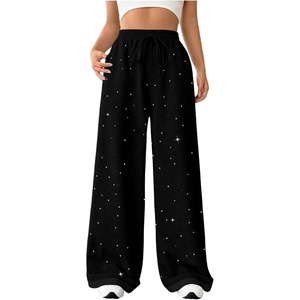 image:imageFloerns Womens Sparkly Rhinestone Sweat Pants Elastic Waist Drawstring Straight Wide Leg Trendy Interior SweatpantsBlack