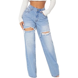 image:imageFloerns Womens Straight Leg Ripped Jeans Low Waisted Casual Distressed Denim PantsLight Wash