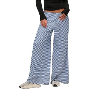 image:imageFloerns Womens Striped Wide Leg Pants Drawstring Waist Loose Long Trousers Lounge BottomsBlue and White